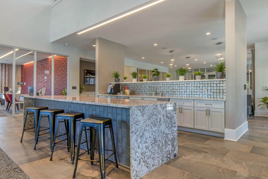 Modern kitchen with granite island, bar stools, white cabinets, and potted plants on the countertop.