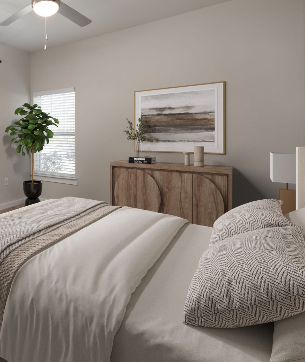 Modern bedroom with a large window, neatly made bed, dresser, potted plant, and abstract wall art.